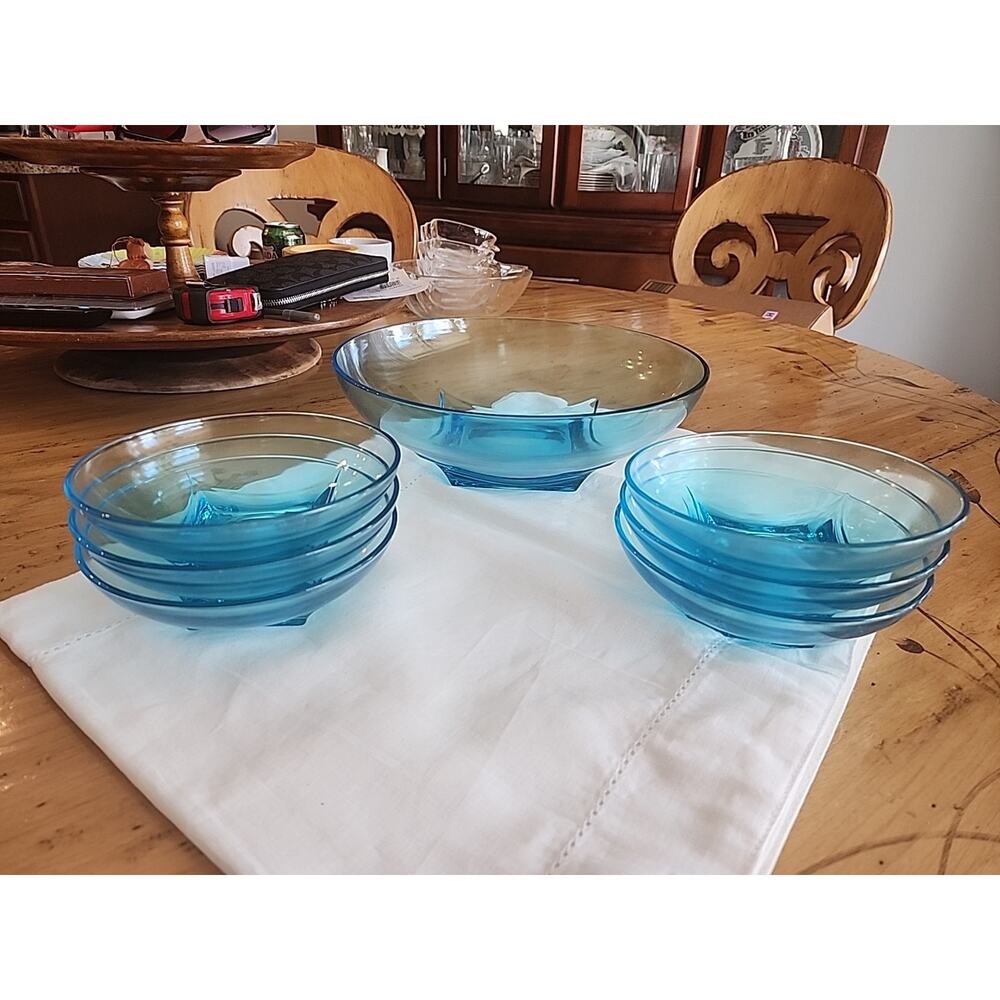 MCM Glassware Hazel Atlas Capri Colonial Azure Blue Glass Salad Serving Set - Picture 5 of 9